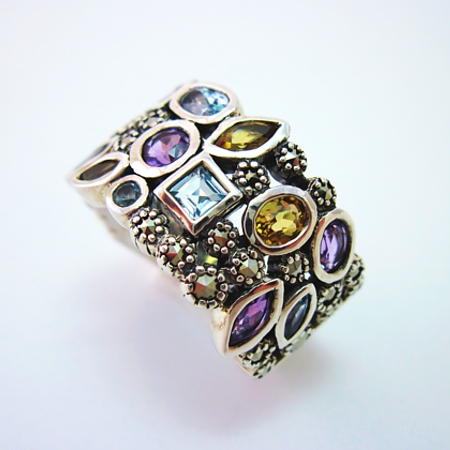 Multi-stone Wide Marcasite Ring Light Gemstones - Click Image to Close